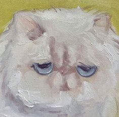 a painting of a white cat with blue eyes