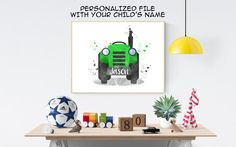 a green tractor with the word personalized on it sits in front of a soccer ball