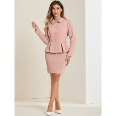 This casual dressy workwear set includes one blazer and one skirt. The classic pencil skirt with an elastic waist and a side zipper complements the collared blazer perfectly and has a slimming effect that enhances your curves. It matches your high heels, and boots well. And with necklaces, earrings, handbag for a lovely and stylish impression. The set helps you show your unique charming. This elegant 2-pieced outfit set is great for daily, casual, office work, date,or any formal occasion, making Blazer And Pencil Skirt, Womens Tailored Suit, Pencil Skirt Suit, Peplum Blazer, Casual Dressy, Skirt Suit Set, Knee Sleeves, Blazer And Skirt, Blazer And Shorts