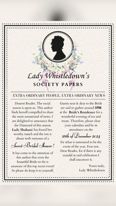 the lady whistledown's society papers is shown in white and black with flowers on it