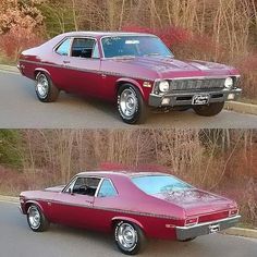 two pictures of a red car parked on the side of the road in front of some bushes