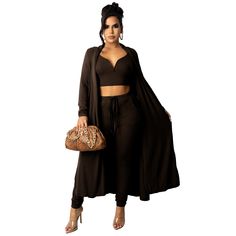 Long Cardigan Coat+vest Crop Top+pants Set Solid Color Pant Set For Fall Loungewear, Casual Two-piece Pant Set For Fall, Chic Solid Pant Set For Fall, Brown Loungewear Sets For Fall, Three Piece Suit Women's, One Size Long Brown Cardigan, Long Brown Bohemian Cardigan, Long Cape Coat, Luxury Bohemian Long-sleeve Cardigan