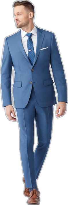 Fitted Wool Suit In Solid Color, Fitted Solid Wool Suit, Tailored Blue Wool Suit, Blue Wool Suits With Pressed Crease, Blue Wool Three-piece Suit With Notch Lapel, Blue Wool Suit With Pressed Crease, Fitted Blue Three-piece Suit With Long Sleeve, Classic Fitted Light Blue Suit, Blue Fitted Three-piece Suit With Long Sleeves