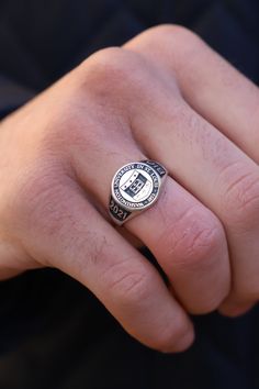 "Silver Custom College Class Ring, High School Class Ring, College Ring, School Ring, Signet Ring, Silver Graduation Ring, Personalized Ring ☞ ☞ ☞ ITEM DESCRIPTION ☜ ☜ ☜ * Material : 925K Sterling Silver * Ring Face Size Options ; - Small Face Size : 14 x 12 mm , Around 7 GR - Medium Face Size : 16 x 14 mm , Around 8 GR - Large Face Size : 18 x 16 mm , Around 9 GR * Color & Plating Options : Silver (polished or matte) , Gold Plated(Silver) * Ring Size : Please inform us about your ring size. ❥ W Classic Sterling Silver Enamel Ring For Anniversary, Classic White Gold Enamel Ring, Heirloom Silver Initial Ring With Open Design, Heirloom Style Silver Open Initial Ring, Heirloom Silver Open Ring Initial Ring, Heirloom Silver Initial Open Ring, Sterling Silver Enamel Ring With Polished Finish, Custom White Gold Round Signet Ring, Classic Silver Enamel Wedding Ring