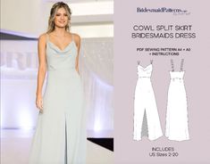 "A0 and A4 PDF SEWING PATTERN FOR THE COWL SPLIT SKIRT BRIDESMAIDS DRESS This beautiful bridesmaids dress pattern features a beautiful cowl neckline detail that adds a touch of elegance, while the double straps add a feminine touch. The dress also boasts a A-line skirt design with a front split that creates a flowing, airy feel as you walk down the aisle. With two length options available - midi or long - you can choose the perfect length to suit your style and the occasion. INCLUDED IN YOUR PURCHASE: A digital pattern available in two formats: A0 and A4. The A4 format is compatible with US letter size (8.5/11\"), and you can print the file at 100% scale (tested with US customers). Easy-to-follow visual manuals that provide step-by-step instructions. A print overview and examples showing y Slip Bridesmaids Dresses, Skirt Bridesmaid Dresses, Short Sleeve Prom Dresses, Patterned Bridesmaid Dresses, Beautiful Bridesmaid Dresses, Maxi Dress Pattern, Split Skirt, Walk Down The Aisle, Bridesmaids Dress