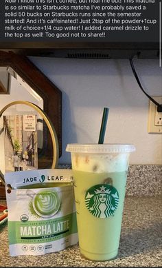 there is a starbucks drink next to a bag of matcha latte on the counter