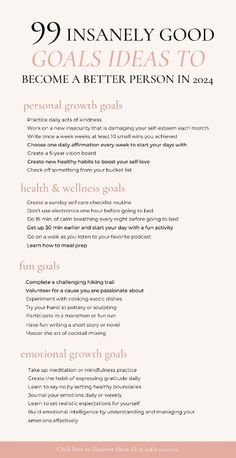 Struggling to write your New years resolutions? Then you need to check out these 99 killer goals ideas that won't make you yawn to become the best version of yourself and make 2024 your best year including personal growth goals, health and wellness ! #selfimprovementgoals #goalsideas2024 #bestresolutionideas Personal Growth Goals, Become A Better Person, Goals Ideas, Growth Goals, New Years Resolutions, New Year Goals