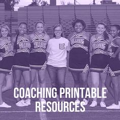 a group of cheerleaders posing for a photo with the words coaching printable resources