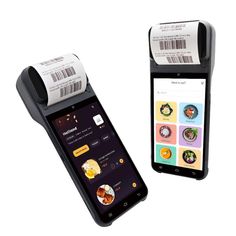 a cell phone next to a barcode scanner with food items on the screen and in front of it