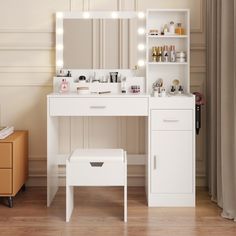 a white vanity with lights on it and a stool in front of the mirror that is open