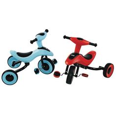 two children's tricycles are shown in red, blue and black colors