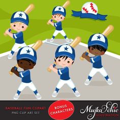 kids in baseball uniforms playing baseball on the field with bats and ball, cartoon character set