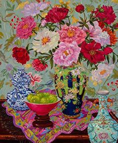 a painting of flowers and vases sitting on a table with fruit in front of them