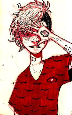 a drawing of a woman holding scissors over her eyes