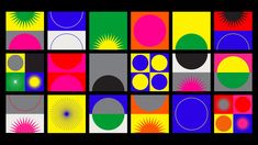 an image of different colored squares with circles and shapes on them, all in various colors