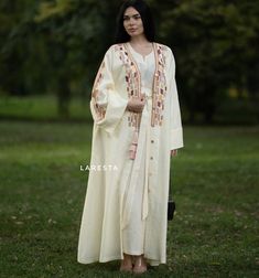 Embroidered linen abaya bisht with dress. Saudi abaya with | Etsy Saudi Abaya, Linen Abaya, Wedding Abaya, Boho Gown, Linen Kimono, Linen Coat, Pearl Dress, Embroidered Linen, Muslim Girls