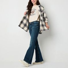 These Arizona women's and junior's flare-leg jeans have a classic medium blue wash making them the perfect add to your denim rotation. Made from soft stretch-denim, this low-rise pair has 5-pocket tailoring and a button-zip fly. Wear them with a fitted tank top or t-shirt. Closure Type: Button & ZipperPockets: 2 Front Slip Pockets, 2 Back Slip Pockets, 1 Front Coin PocketRise: Low RiseFiber Content: 99% Cotton, 1% SpandexFabric Description: DenimInseam: 32 InCare: Machine Wash, Tumble DryJean S… Fitted Tank Top, Jean Color, Flare Leg Jeans, Jeans Flare, Medium Blue, Stretch Denim, Flare Jeans, Leg Jeans, Low Rise