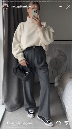 Casual Trousers Outfit Summer, Grey Houndstooth Pants Outfit, Casual Suit Pants Outfit Women, Grey Straight Leg Trousers Outfit, Winter Outfits Grey Pants, Grey Straight Pants Outfit, Dark Gray Slacks Outfit Women, Grey Suit Trousers Women Outfit, Grey Tailored Trousers Outfit