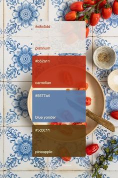 the pantone board shows different shades of red, blue and orange in each color