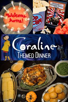 the cover of coraline themed dinner with corn, carrots and other food items