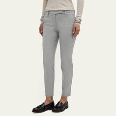 Brunello Cucinelli cropped slim-fit pants in cotton  Mid-rise; sits high on hip Button/zip fly; belt loops  Side slip pockets; back welt pockets  Cropped fit Cotton Made in Italy Welt Pockets Ankle-length Chinos For Work, Workwear Chinos With Straight Hem And Belt Loops, Workwear Chinos With Belt Loops And Straight Hem, Tailored Mid-rise Bottoms With Belt Loops, Elegant Mid-rise Cotton Bottoms, Workwear Chinos With Hip Pockets, Straight Leg Chinos With Hip Pockets For Work, Elegant Cropped Leg Business Casual Pants, Elegant Cropped Leg Pants For Business Casual