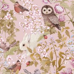 an image of birds and flowers on a pink background with white rabbits in the foreground