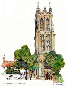 a drawing of an old church with trees in front