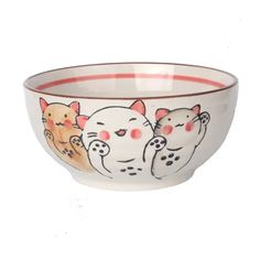 a white bowl with cats painted on the side and red trim around the rim, sitting in front of a white background