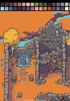 an old - school pixel art scene with rocks and trees