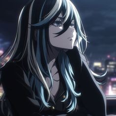 an anime character with long hair and blue eyes looking off into the distance at night