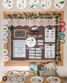 a wooden table topped with lots of plates and menus next to a chalk board