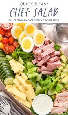 a salad with hard boiled eggs, ham and lettuce on it in a bowl