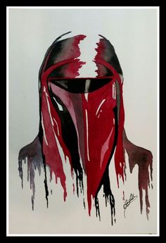 a painting of a man wearing a red helmet with blood dripping all over it's face