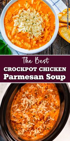 the best crockpot chicken parmesan soup in a slow cooker with text overlay