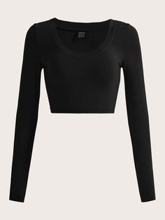 Noir Casual Collar Manches longues Tissu tricoté Unicolore  Embellished Extensibilité légère Été Black Long Sleeve Shirt Crop Top, Black Tops Long Sleeve, Black Casual Crop Top, Fitted Black Long Sleeve Crop Top, Black Fitted Long Sleeve Top, Cute Tops Black, Black Crop Long Sleeve, Black Long Sleeve Shirts, Cropped Black Long Sleeve