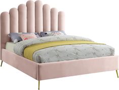 an upholstered bed with pink velvet headboard and foot board, in front of a white background