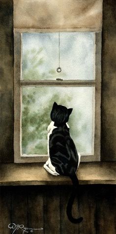 a painting of a black cat sitting on a window sill looking out the window