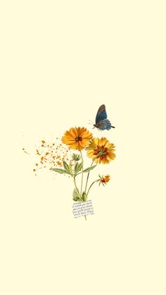 a blue butterfly sitting on top of a yellow flower next to a tag with writing