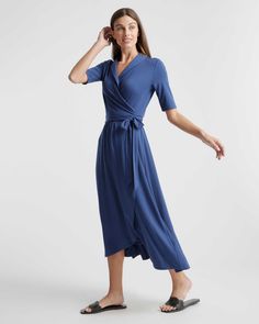 Quince Blue, Wrap Dress Midi, Jersey Wrap Dress, Midi Wrap Dress, Dress Out, High Quality Dress, Perfect Wedding Dress, Elbow Length Sleeve, Quince