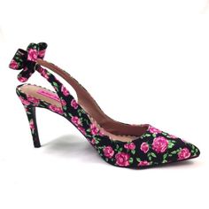 These Beautiful Black Slingback Heels With Floral Print Will Be A Great Addition To Your Shoe Collection! Very Feminine With The Bows On The Back. They Have A Lovely Rose Pattern. Brand: Betsey Johnson Style: Beka Pattern: Floral / Roses Colors: Black, Pink, Purple, Green Size: 5.5 Heel Height: I Measured About 3.5 Inches, Just The Heel Part Condition: Great Condition, No Box, Never Worn But Bottom Has A Bit Of Rubbing/Light Scratches On The Bottom. Pin Up, Rockabilly, Feminine Open To Offers Chic Open Heel Floral Print Heels, Chic Floral Print Open Heel Heels, Floral Print Open Heel Party Heels, Floral Print Flower Heels For Spring, Spring Evening Heels With Floral Print, Spring Evening Floral Print Heels, Pink Ankle Strap Slingback Pumps For Spring, Feminine Pink Ankle Strap Slingback Pumps, Pink Slingback Pumps With Heel Strap For Spring