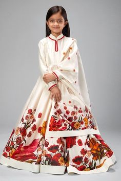 Ivory anarkali with botanical print and thread embroidered border. Paired with churidar and dupatta. - Aza Fashions Traditional Off-white Anarkali Set With Printed Motifs, Traditional Off White Anarkali Set With Printed Motifs, Traditional Off-white Floral Print Sets, White Lehenga With Printed Motifs For Festive Occasions, White Lehenga With Printed Motifs, Festive White Lehenga With Printed Motifs, Festive Off White Sets With Printed Motifs, Festive Off-white Sets With Printed Motifs, Festive Off-white Printed Sets