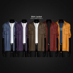 an assortment of different colored shirts and jackets on mannequins in front of a black background