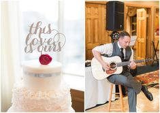 a man sitting on top of a wooden chair next to a cake with a guitar