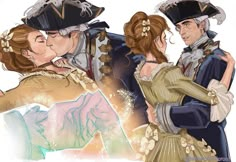 three people dressed in historical clothing are kissing each other and one is wearing a hat