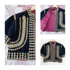 This amazing handmade (very) dark blue velvet jacket features gold brocade-style and multicoloured embroidery front and back.  Such a beautiful, unique piece, in an unusual colourway, that is so soft and relaxed, perfect for throwing over everything in Spring/Summer.. Approx Size: small, we suggest it could fit: UK & AU size: 10 or maybe a small 12  (BUT Please See Measurements) USA: 6 or maybe a small 8  (BUT Please See Measurements) Details  Measurements Taken With The Garment Laid Flat & Meas Vintage Handmade Festival Outerwear, Fitted Bohemian Outerwear For Festive Occasions, Blue Bohemian Outerwear For Festive Occasions, Bohemian Fitted Outerwear For Festivals, Fitted Bohemian Outerwear For Festivals, Blue Velvet Jacket, Dark Blue Velvet, 60s Hippie, Gold Brocade