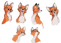 several different angles of the head of a fox, with various facial expressions and eyes