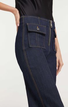 Indulge in a blend of luxury and functionality with our Long Azure Pant. These stretchy, wide-legged pants showcasing patch pockets and a boldly visible zipper fly are the perfect addition to every wardrobe. Details Visible zipper flyFabric: Indigo DenimContrast stitchingWide legFull length Content and Care 77% Cotton 21% Polyester 2% ElastaneDry clean onlyImported Measurements 34in/86.36cm, inseamMeasurements from size 4Dyes from some clothing, such as those used on denim jeans, might migrate t Side Zipper Pants, Ladies Pant, Pockets Details, Classic Corvette, Zipper Pants, Fashion Jeans, Wide Leg Denim, Diy Fashion, Jeans Style