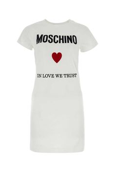 White Cotton T-shirt Dress Mini Dresses White, Franco Moschino, Moschino Dress, Moschino Logo, Versace Shop, White Cotton Dress, White Dresses For Women, White Dresses, White Shirt Dress