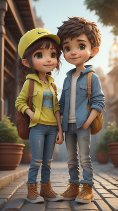 two children standing next to each other on a sidewalk