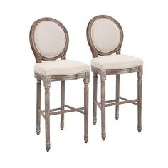 two chairs with white upholstered backrests on each side, one in grey wood and the other in beige linen